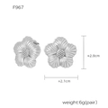 Elegant silver flower stud earrings in polished stainless steel with size measurements - Steel Color (F967)