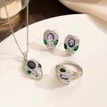 Parure serpent argentée avec pierres précieuses violettes et accents verts pour femme - Style Design Tête de Serpent Argenté (Collier+Boucles d'oreilles+Bague) (8918)
