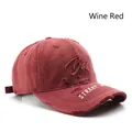 Distressed wine red washed cotton baseball cap with vintage frayed holes and embroidery - Burgundy