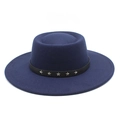 Classic dark blue flat-top wool hat with a wide brim and silver star-studded black leather band - M (56-58cm) / Navy Blue