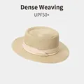 Light beige straw sun hat with UPF50+ protection and dense weave for outdoor vacation - Indented Fedora - Beige with Beige Ribbon