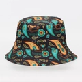 Fashionable paisley bucket hat with vibrant cyan, orange, and yellow patterns on black - M (56-58cm) / Paisley Floral Print (#22)