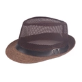 Men's dark brown breathable mesh fedora hat with black leather band and metal buckle detail - Coffee