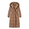 Women's long hooded puffer coat in coffee brown with faux fur trim and waist belt - S / Khaki