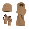 3-piece winter set with knitted camel hat, long scarf, and touchscreen gloves - Three-Piece Set / Khaki