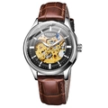 Mechanical watch with skeletal gold movement and brown crocodile leather strap - Brown Leather Strap Silver Case Black Dial