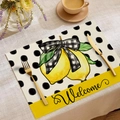 Modern linen placemat with lemon pattern and Welcome text for dining table decor - Welcome Lemon Bowknot