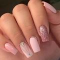 Pink matte and glitter press-on nails with geometric rays and subtle rhinestones - Pink Glitter Style (DW08)