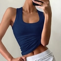 Slim fit dark blue ribbed yoga tank top for women with thin shoulder straps - S / Navy Blue
