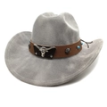 Detailed view of woven cowboy hat with leather band and turquoise metal cow skull buckle - M (56-58cm) / Striped Grey