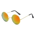 Detail of round vintage sunglasses featuring thin gold metal frame and orange mirrored lenses - Gold Frame Red Mirrored Lenses
