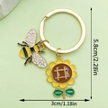 Golden enamel honeybee and sunflower keychain pendant with size dimensions marked - Sunflower Bee Pendant Style (LS295)