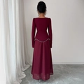 Elegant long-sleeved burgundy evening dress with pearl waist and sheer hem back view - S / Burgundy