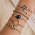 6-piece silver bohemian bracelet set featuring heart, floral charms and blue gemstone - Antique Silver Sunflower Lotus Set (11092)