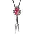 Western bolo tie featuring red agate stone on floral silver base with black braided leather - Red Lace Agate