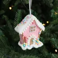 Pink gingerbread house Christmas ornament with candy cane details and silk ribbon - Gingerbread House Style A
