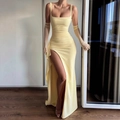 Sexy pale yellow backless bodycon maxi dress with matching long gloves and high side slit - XS / Yellow