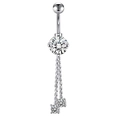 Silver belly button ring with large round zircon and delicate double tassel chains - Silver Long Tassel Chain
