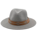 Grey straw fedora beach hat with brown leather band and silver metal rivets decor - M (56-58cm) / Gray