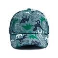 Detail of dinosaur print kids baseball cap showing waterproof stitching and visor - Green Dinosaur