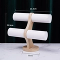 Soporte de joyería de dos niveles de bambú para pulseras y relojes, altura 22,5cm - Doble Capa / Cuero Blanco