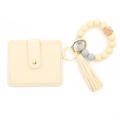 Cream silicone bead bracelet with PU leather card holder wallet and tassel keychain - Beige