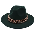 Detail of dark green fedora with thick rose gold acrylic chain on minimalist wool felt hat - Dark Green