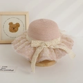 Detail of pink straw sun hat for girls with delicate lace ribbon and floral mesh bow - Hat / Pink