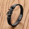 Pulsera de cuero trenzado negro para hombre con detalle de ancla y cristales negros - 19cm / Negro