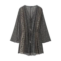 Böhmisches V-Ausschnitt Kleid in Grau mit Blumenmuster, Goldfäden und Taillenband mit Quasten - XS / Schwarz