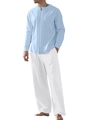 Ensemble chemise homme bleu clair en coton lin et pantalon blanc à cordon - Bleu Clair + Blanc