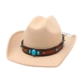 Klassieke beige wollen vilt jazzhoed met een turquoise versierde bruine leren band - Eén maat / Beige