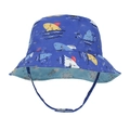 Detail of kids sun bucket hat featuring cartoon shark patterns and windproof chin strap - Size S (Head 46cm) / Shark