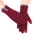 Women's burgundy winter thermal gloves with faux fur trim and touchscreen fingertips - Three Button Faux Fur Style / Red