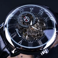 Forsining vintage skeleton mechanical watch with silver case and black leather strap - Silver Case Black Dial Silver Accents