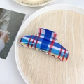 Floral plaid hair claw clip in blue red and white patterns on a natural wooden tray - 11cm / Blue Red Stripes
