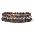 Men's retro bracelet set featuring brown tiger eye stone beads and silver steel chains - Tiger Eye Style (FK0297)