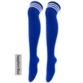 Royal Blue over-knee high socks with white triple stripes in sporty preppy style - One Size / Royal Blue with White Stripes