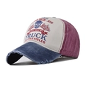 Detail of vintage washed cotton baseball cap featuring tricolor design and metal buckle - Adjustable / Navy & Wine Red