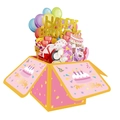 Pink 3D pop-up happy birthday card box with golden glitter letters and party elements - Balloon Theme Birthday Pop Up Card