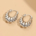 Silver-tone ribbed hoop earrings with a textured finish and metallic luster in 14K plating - Scallop Shape (ES2144) / Silver