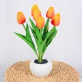 Solar LED tulip night light with 6 orange gradient flowers in a white ceramic pot - 6 Heads-Sunset Color-Battery Style