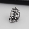 Vintage punk silver steel skull ring with Indian feather headdress and zircon eyes - Indian Chief Skull Style (KR45114-K)