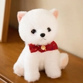 Adorable white Pomeranian plush toy with a red bow tie sitting on a wooden surface - 23CM / Red Bow Tie