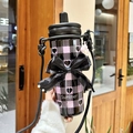 Pink and black checkered insulated straw cup with a large bow and shoulder strap - Black Plaid Bow (Stainless Liner)