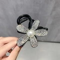 Elegant black mesh flower hair claw clip with rhinestones and central faux pearl detail - Full Rhinestone Flower / Silver