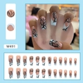 Long ballerina press-on nails with light blue french tips and black butterfly patterns - Cool Elegant Butterfly (W491)