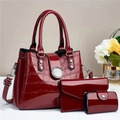 Three-piece set of burgundy glossy patent leather bags with embossed crocodile patterns - Burgundy