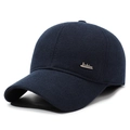 Navy blue knitted baseball cap for men with a metallic Fashion logo and ear protection - Adjustable / Navy Blue