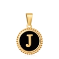 18K gold plated necklace featuring a black enamel round pendant with golden letter J - Letter J